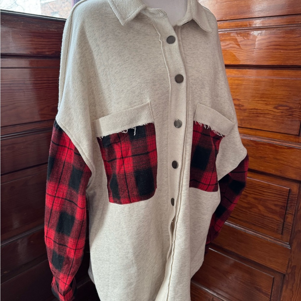 POL Cream Textured Top Red Plaid